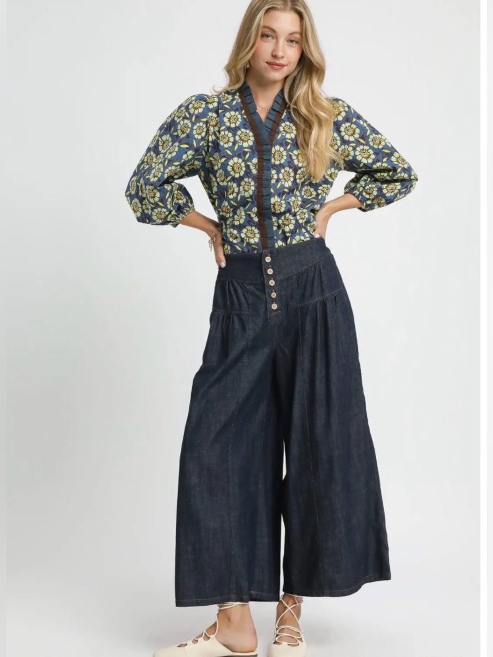 Umgee Stone Washed Wide-Leg Button-Front Culottes – DK Denim🛍️